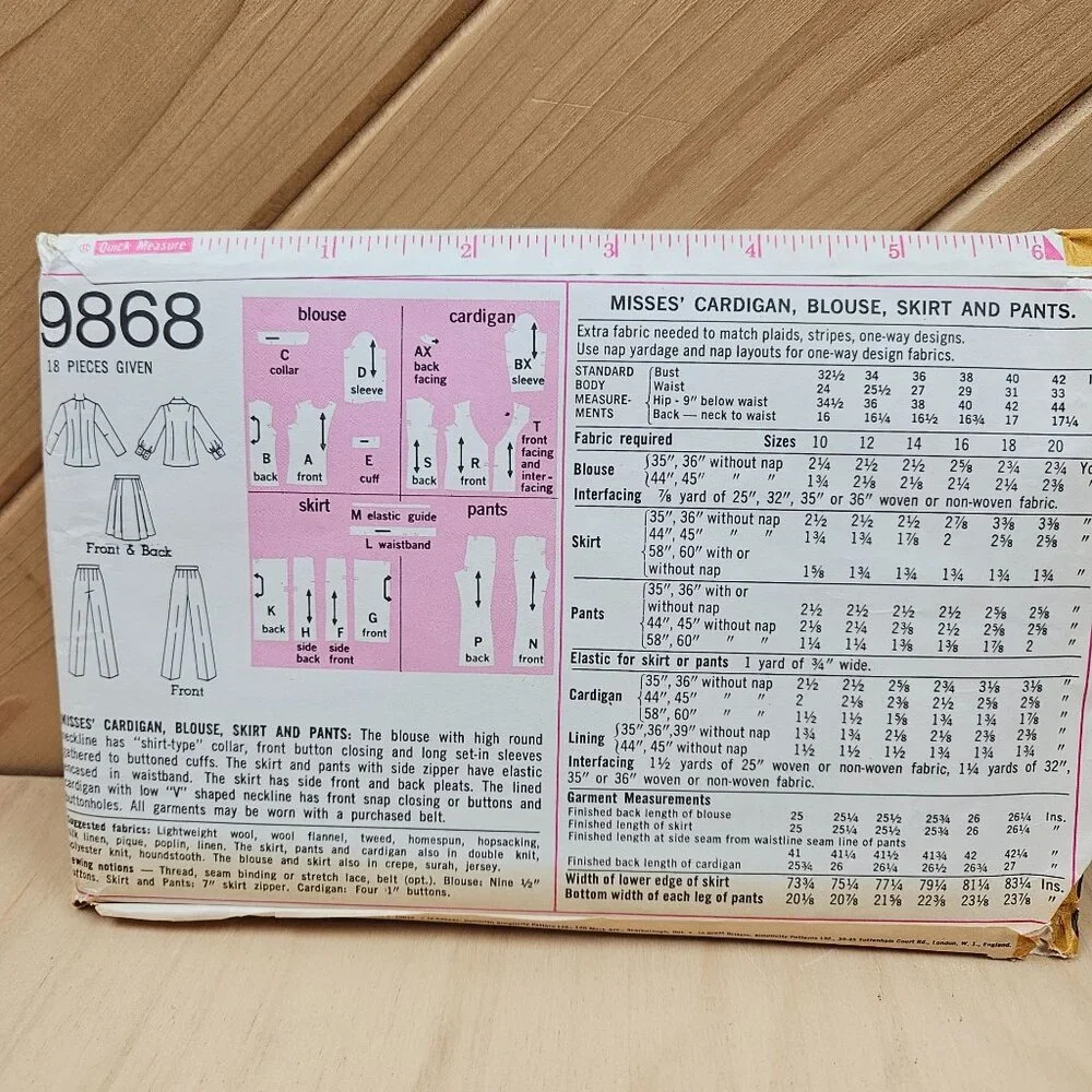 Simplicity 9868 Sewing Pattern Set For Misses Cardigan Blouse Skirt & Pants Size